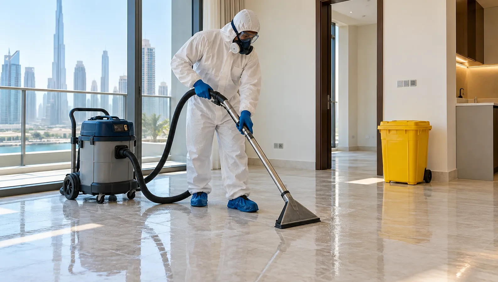 Protected specialist performing non-graphic biohazard remediation