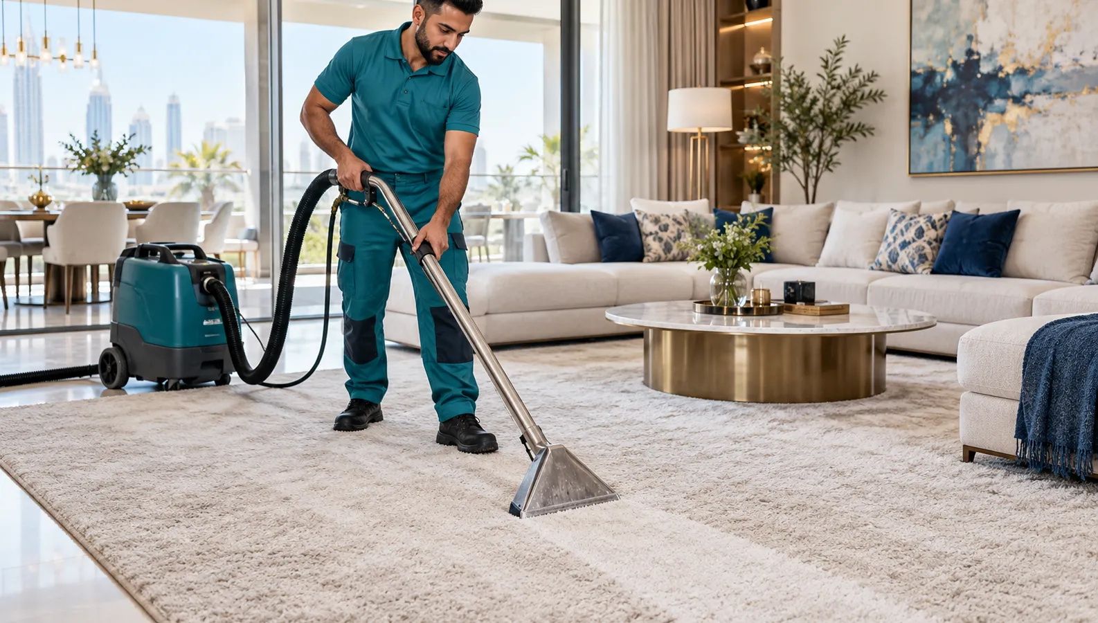 Cleaner deep-cleaning a living room carpet with an extraction wand