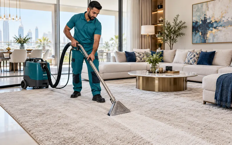 Cleaner deep-cleaning a living room carpet with an extraction wand