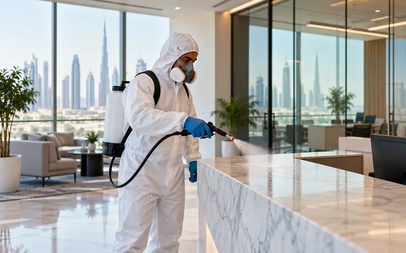Protected worker disinfecting a high-touch office surface