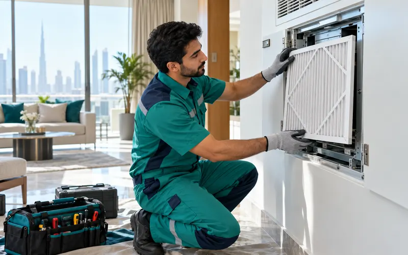 HVAC technician replacing a pleated air filter