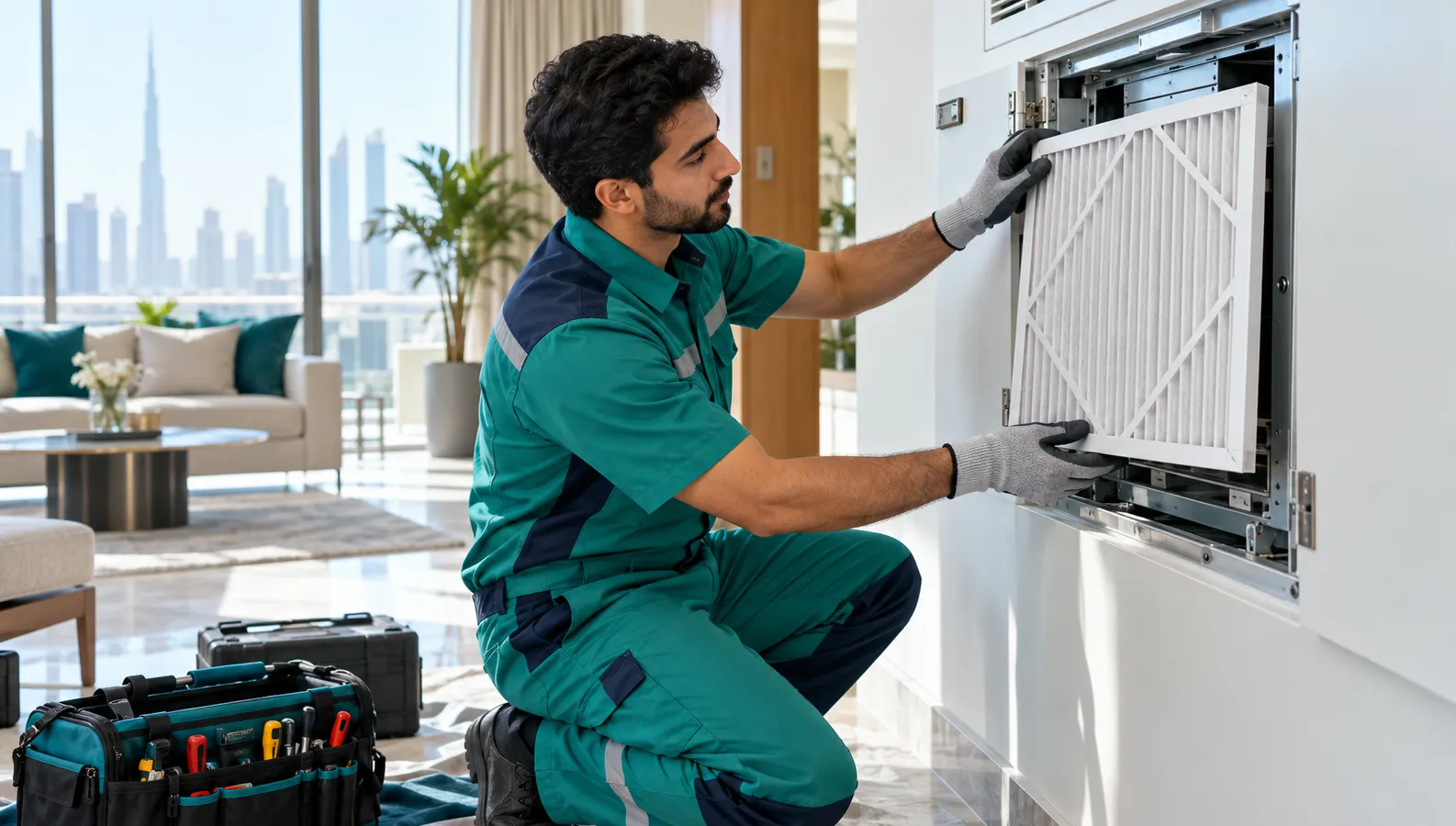 HVAC technician replacing a pleated air filter