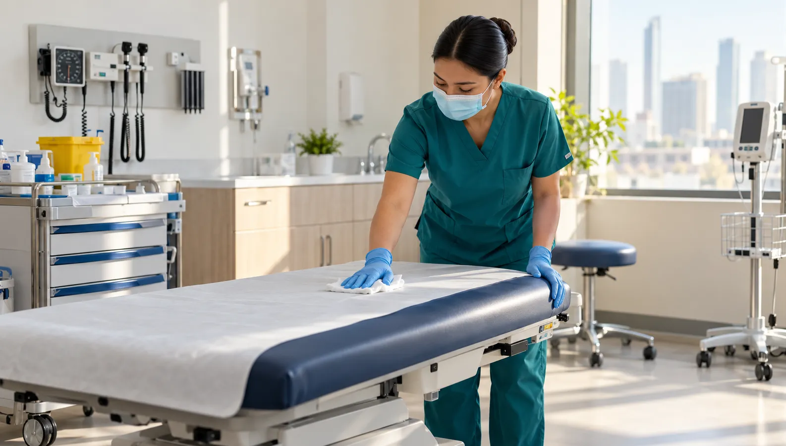 Healthcare cleaner disinfecting an examination bed