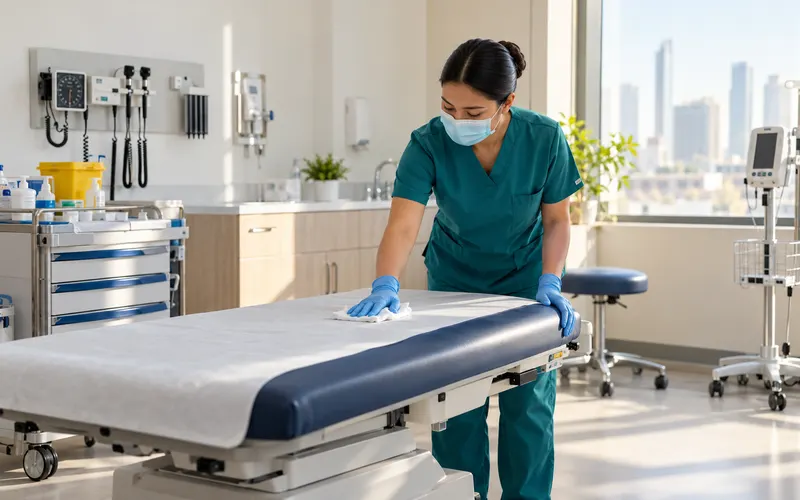 Healthcare cleaner disinfecting an examination bed
