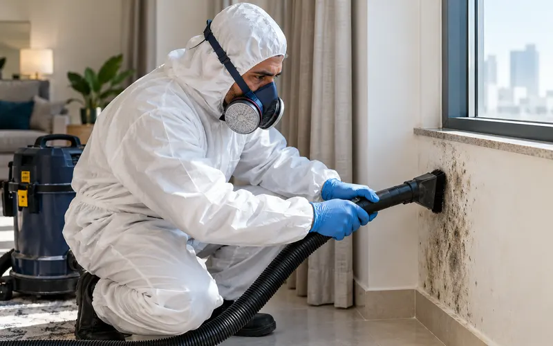 Protected remediation worker removing mold from an interior wall