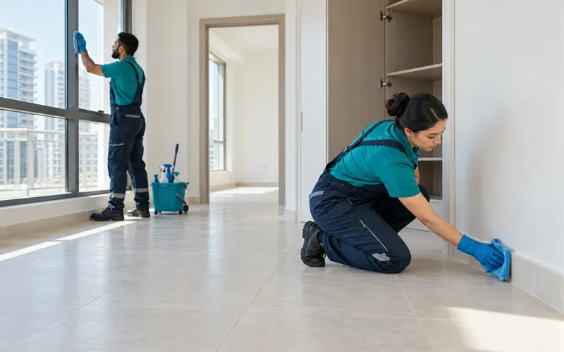 Cleaning team preparing an empty apartment for handover