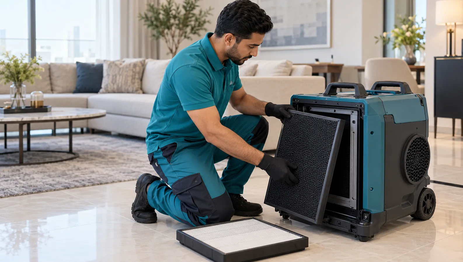 Technician replacing an air scrubber filter for odor treatment