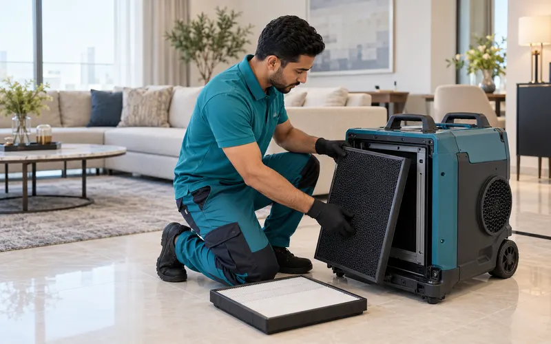 Technician replacing an air scrubber filter for odor treatment