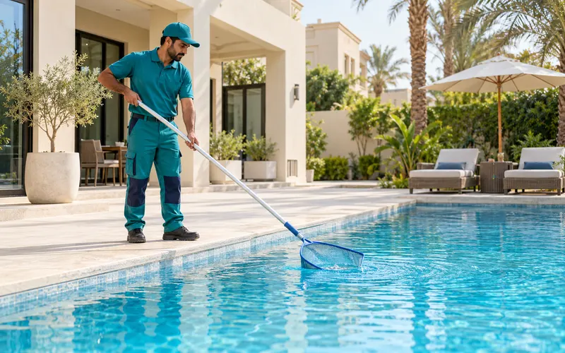 Pool technician skimming a clear swimming pool from the deck