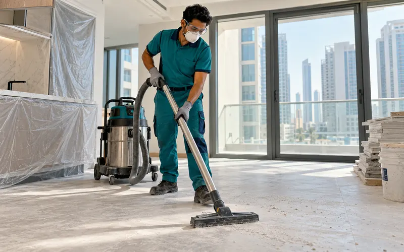 Cleaner removing construction dust with a professional vacuum