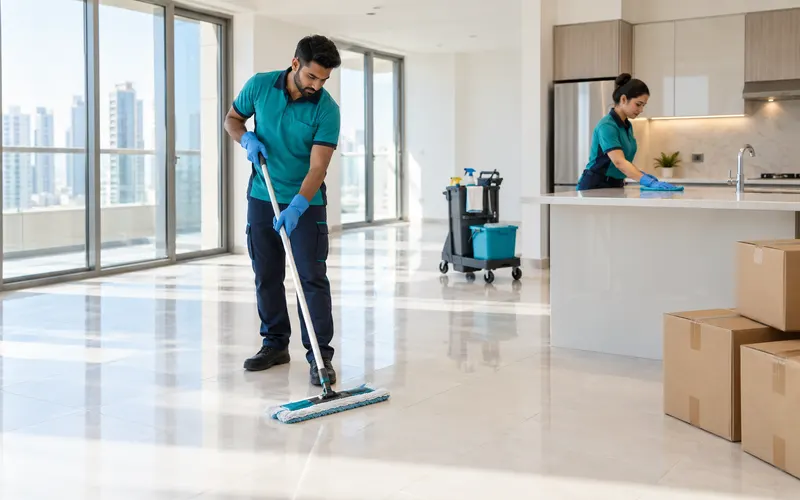 Cleaning team preparing an empty apartment before move-in