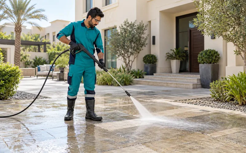 Exterior cleaner pressure-washing a villa courtyard