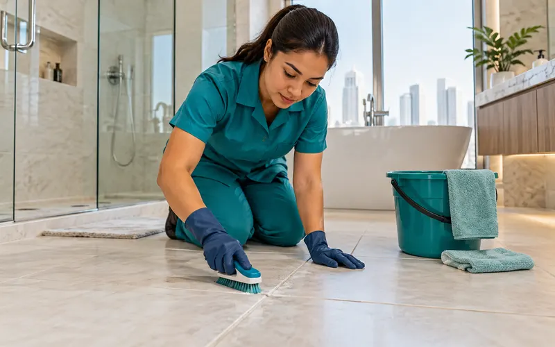 Cleaner scrubbing grout lines between bathroom tiles