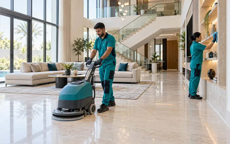 Cleaning team deep-cleaning a spacious villa living room
