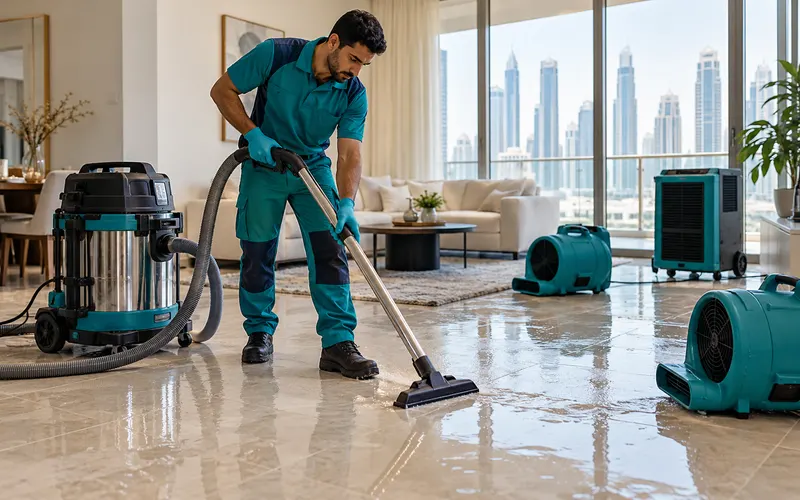 Restoration technician extracting water from an apartment floor