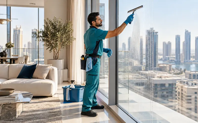 Window cleaner using a squeegee on an interior glass pane